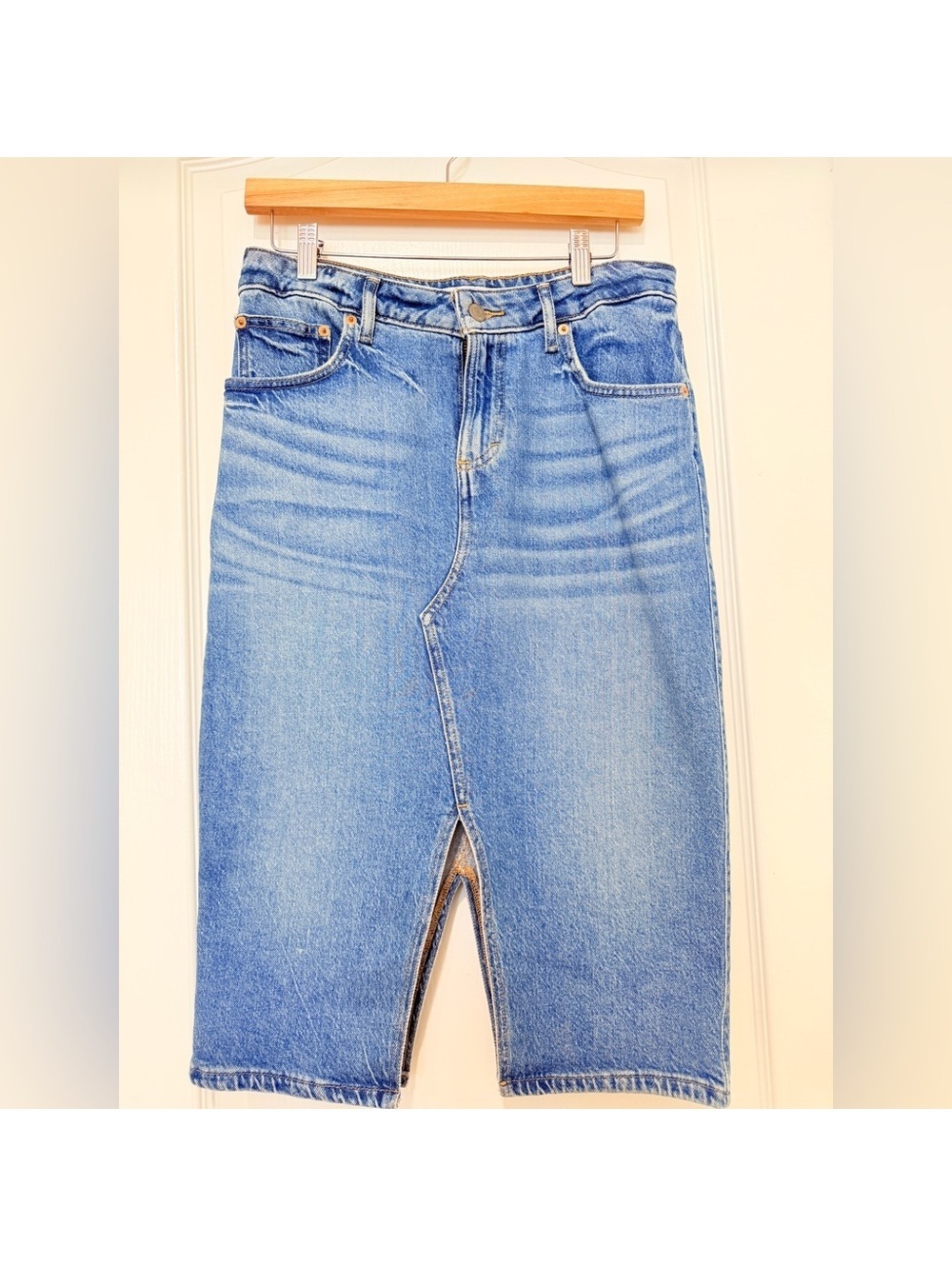 Lucky Brand Denim Midi Skirt Women’s 27 Blue Jean Front Slit Y2K